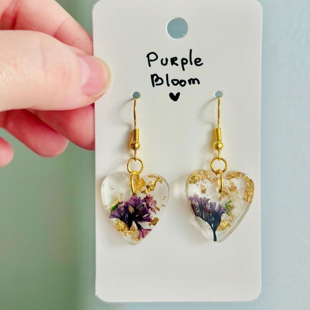 Purple Floral Heart Earrings with Real Flowers and Gold Flakes, Resin Dangles
